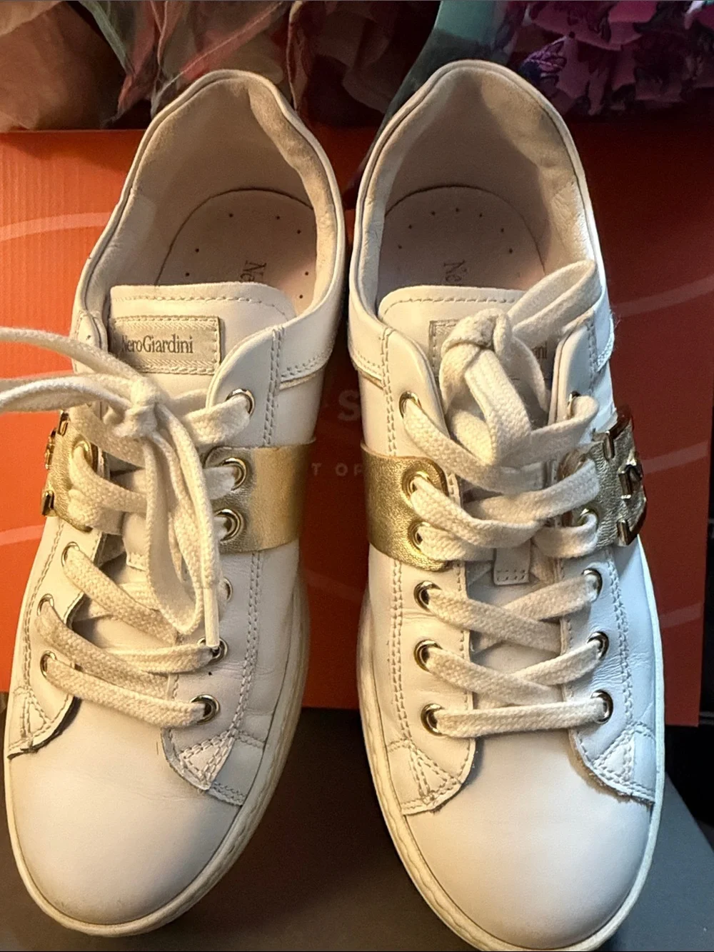 Nero Giardini White Leather Sneakers with Gold Accent